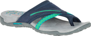 A flip-flop sandal with navy blue and green straps and gray sole.