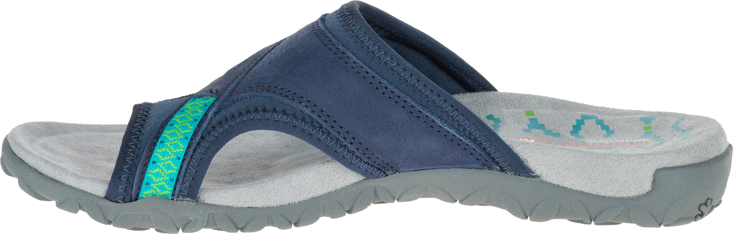 A slide sandal with a blue upper and a patterned strap.