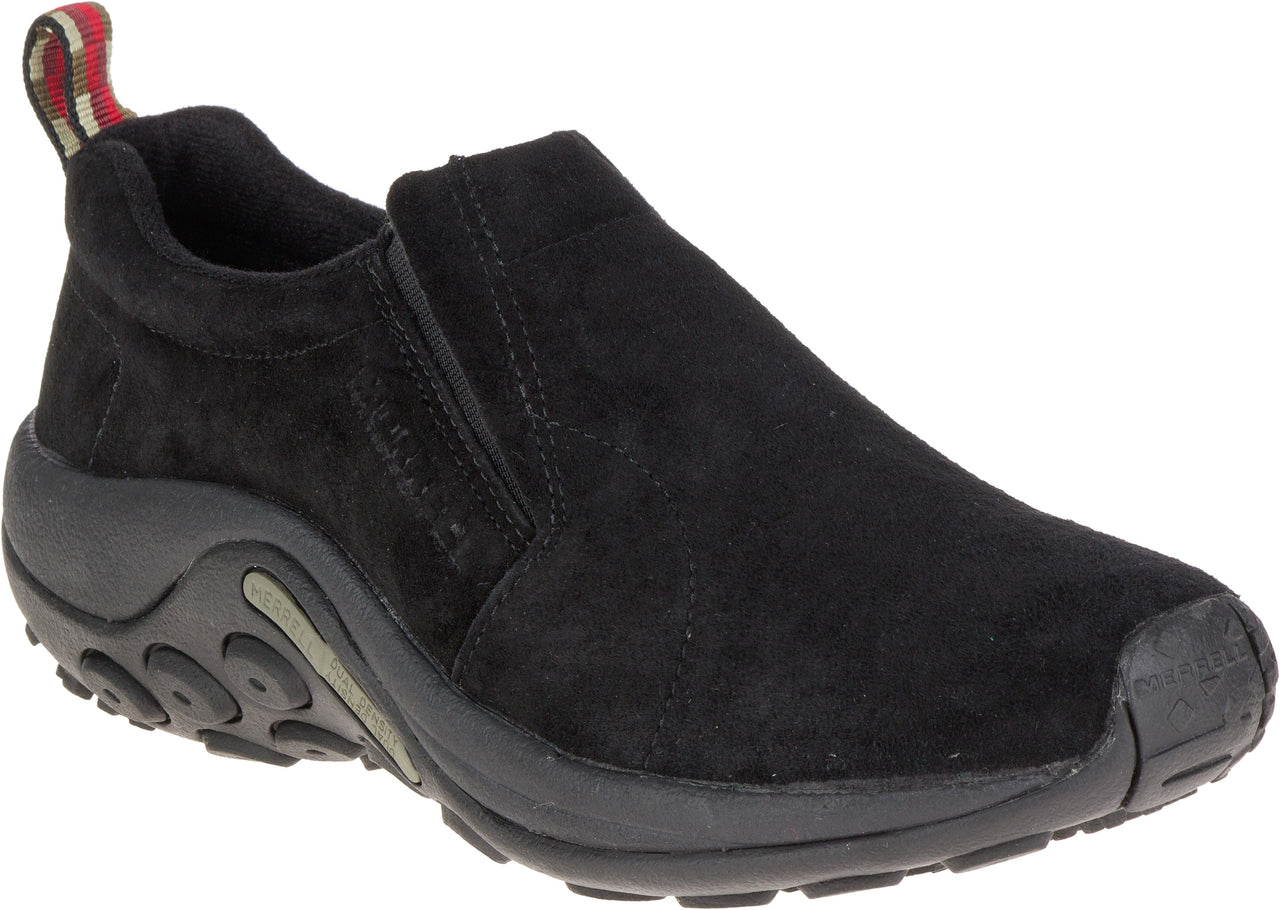 Black suede slip-on shoe with elastic goring and a cushioned sole.