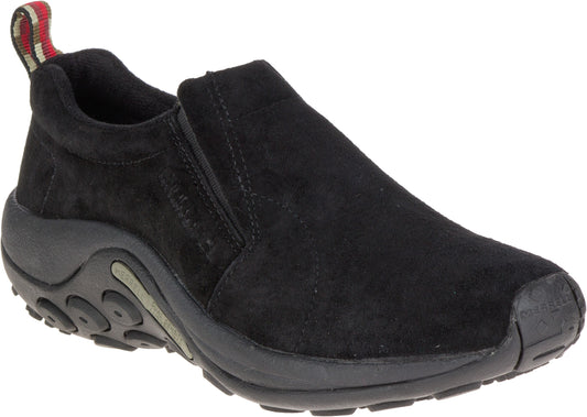 Black suede slip-on shoe with elastic goring and a cushioned sole.