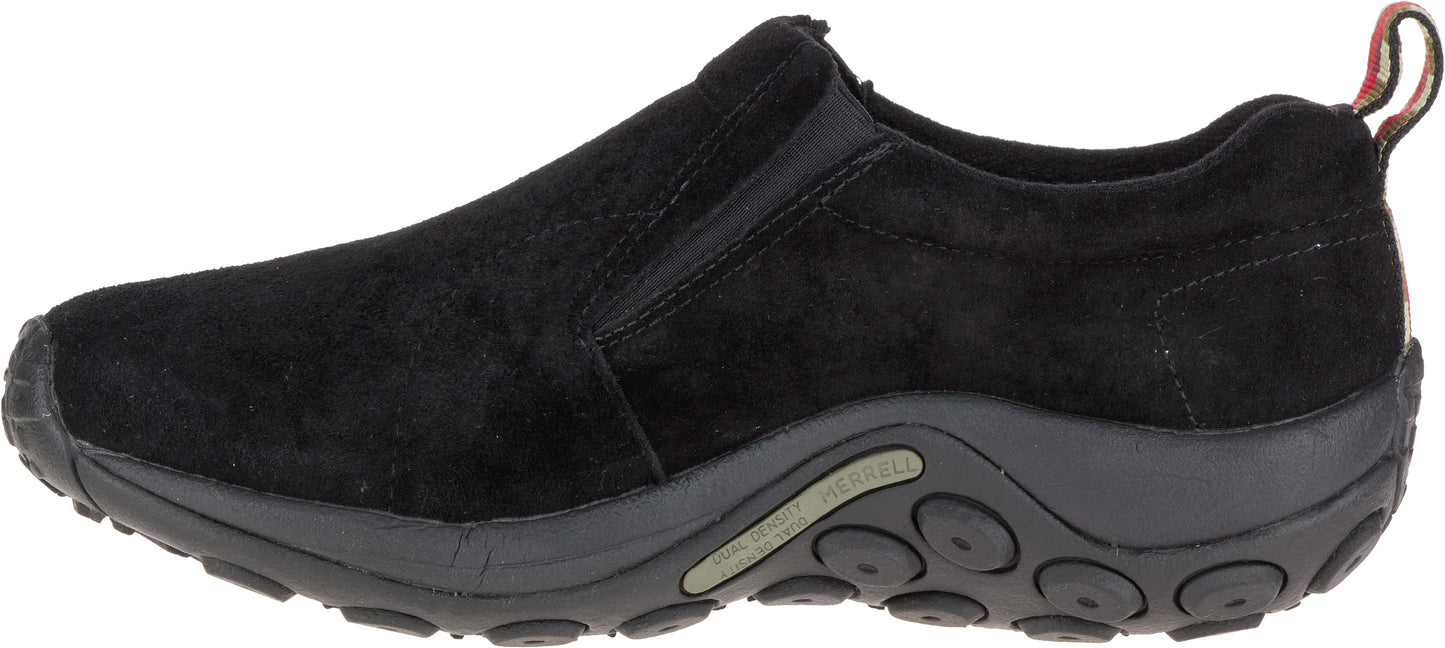 Black slip-on shoe with a suede upper and a dark sole.