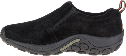 Black slip-on shoe with a suede upper and a dark sole.