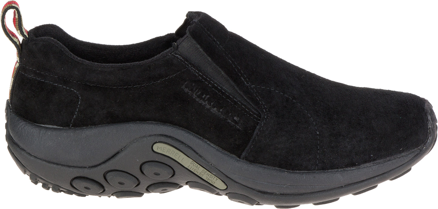Black slip-on shoe with a suede upper and a black sole with circular treads.