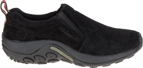 Black slip-on shoe with a suede upper and a black sole with circular treads.