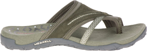 A green Merrell sandal with a toe loop.