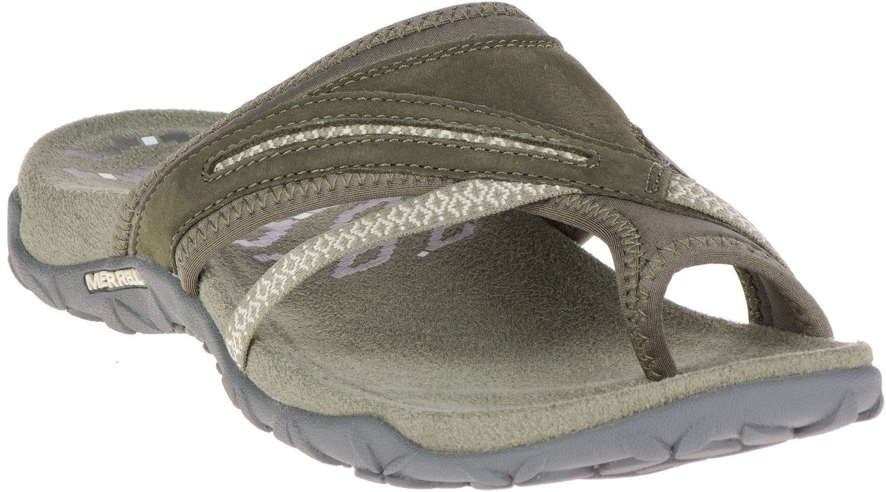 Olive colored sandal with criss-cross straps and toe loop.