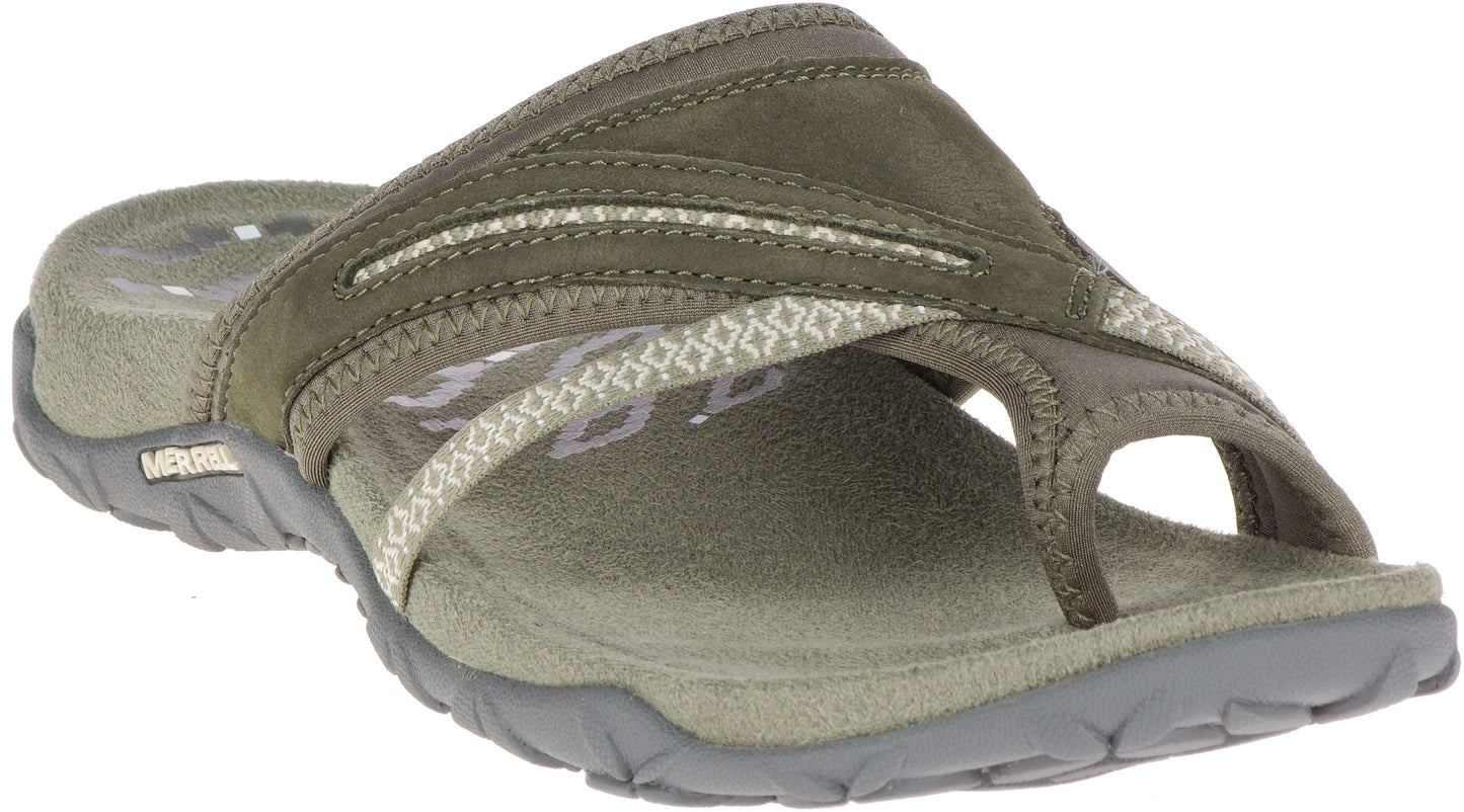 Olive colored sandal with criss-cross straps and toe loop.