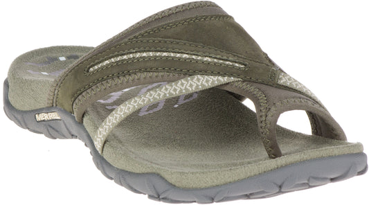 Olive colored sandal with criss-cross straps and toe loop.