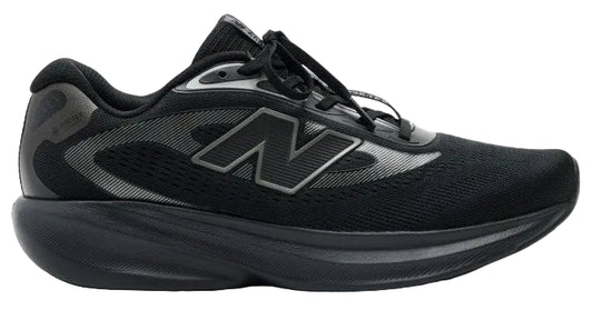 A black New Balance athletic shoe with a mesh upper, black laces, a prominent black N logo on the side, and a thick black cushioned midsole.