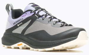 A hiking shoe with gray mesh and a purple heel featuring GORE-TEX text and striped accents, paired with a black sole.
