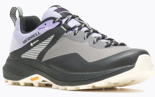 A hiking shoe with gray mesh and a purple heel featuring GORE-TEX text and striped accents, paired with a black sole.