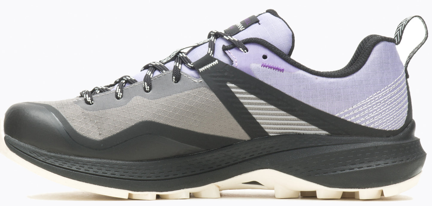 Lavender and grey athletic shoe with a black sole and lace-up closure.