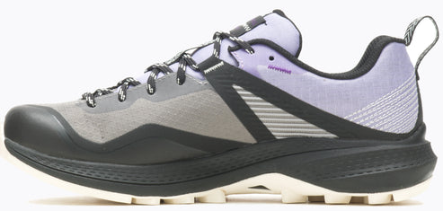 Lavender and grey athletic shoe with a black sole and lace-up closure.
