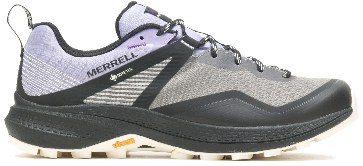 A shoe with a gray and purple upper and a black sole.