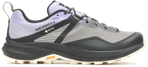 A shoe with a gray and purple upper and a black sole.