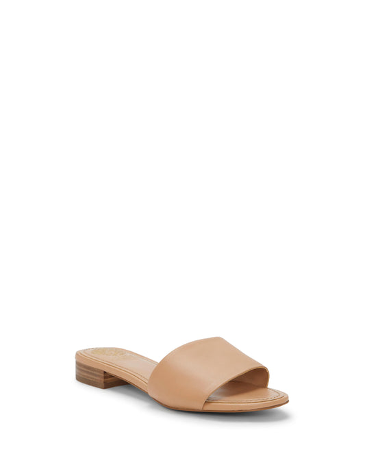 Tan-colored slide sandal with a low block heel.