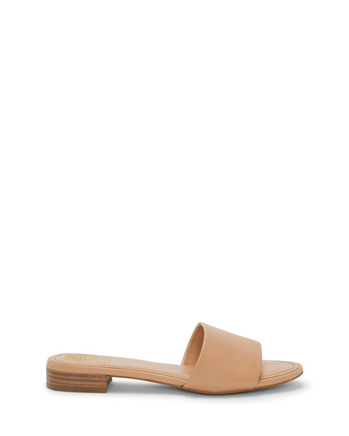A tan open toe slide with a short heel.
