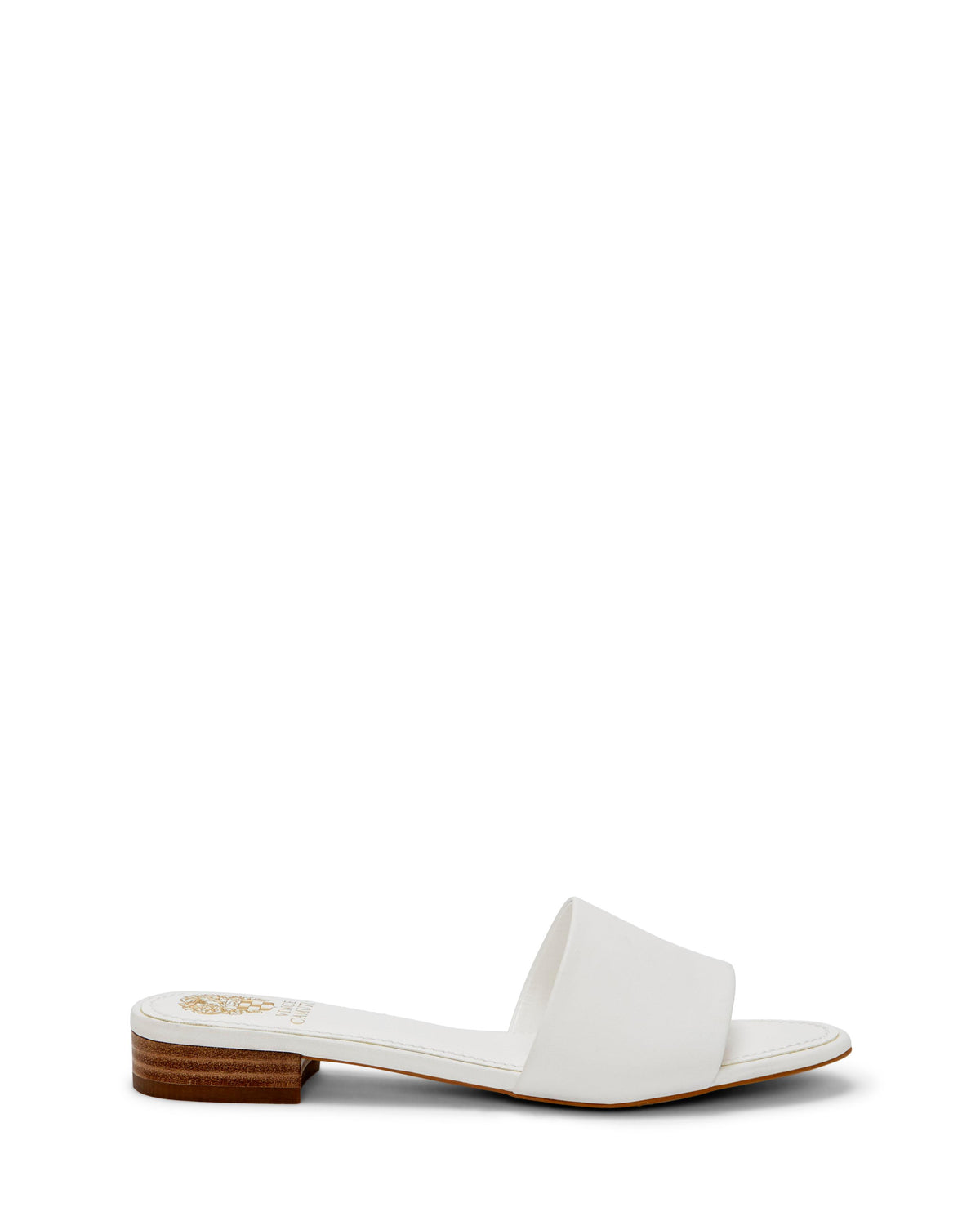 White leather slide sandal with low wood heel.
