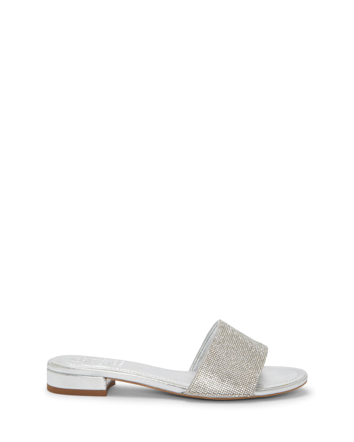 A silver, glittering, open-toed slide with a short heel.
