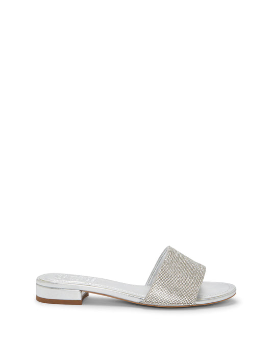 A silver, glittering, open-toed slide with a short heel.