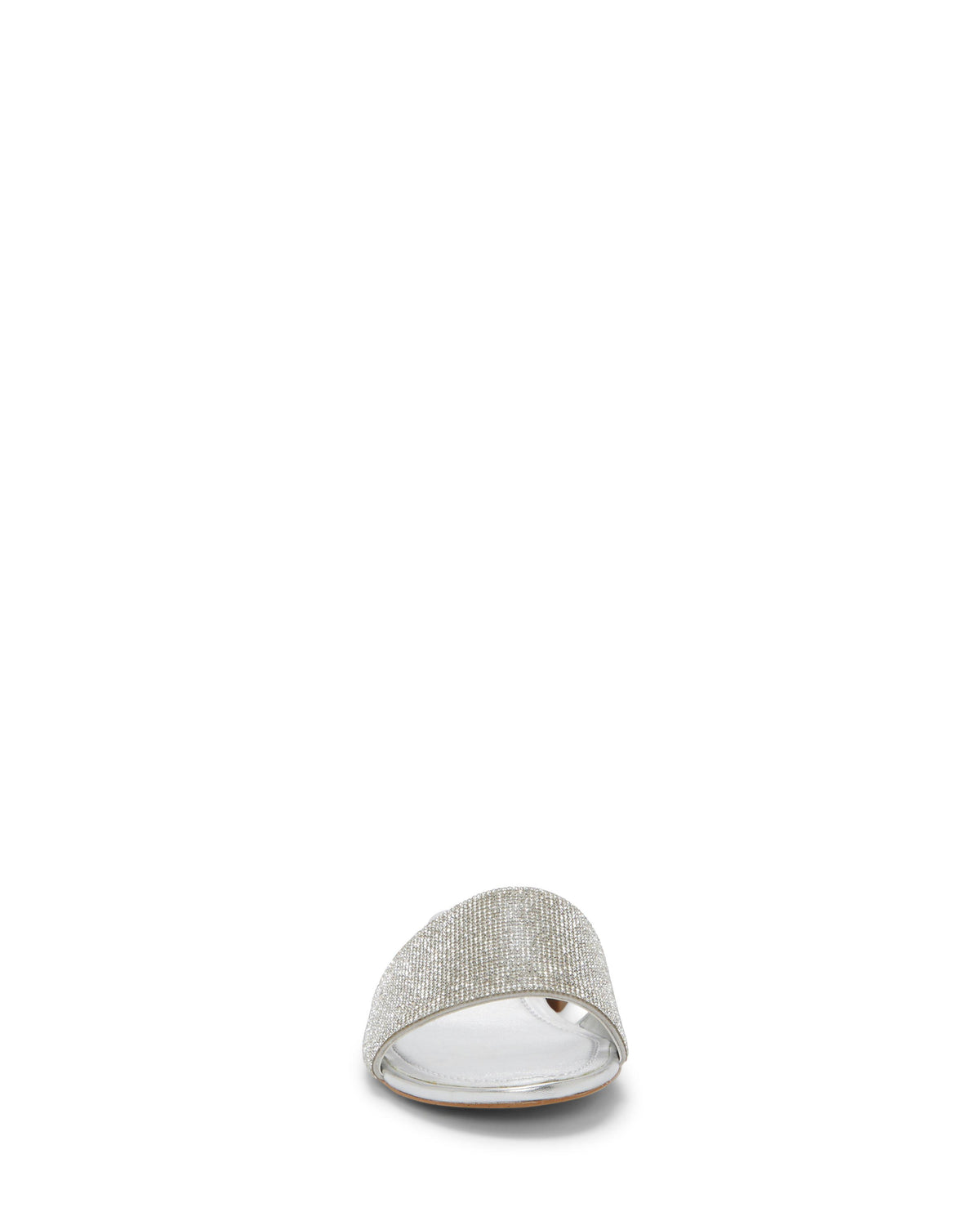 Front view of a silver sandal with a wide, shiny band.