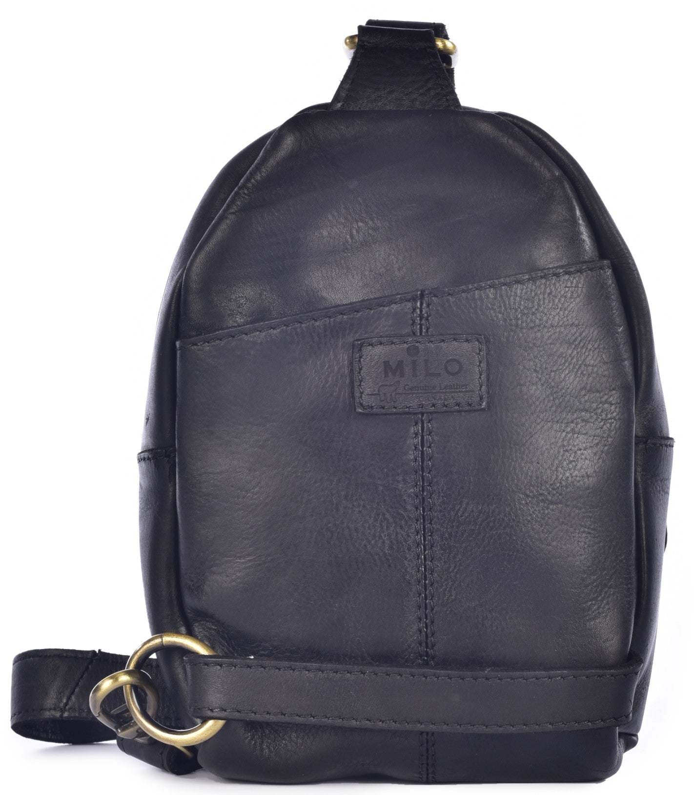 A black, oval-shaped leather sling bag with a brass ring attachment at the bottom and a rectangular label stitched on the front featuring the brand name Milo.