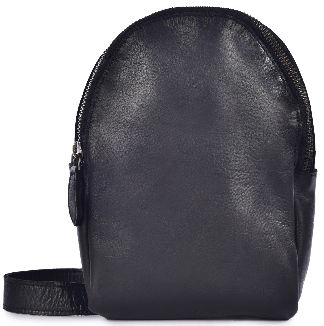 A black leather crossbody bag featuring a rounded, dome-shaped top, a wrap-around zippered main compartment, and a matching black leather shoulder strap.