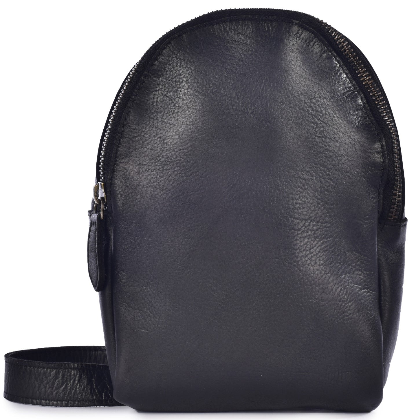 A black leather crossbody bag featuring a rounded, dome-shaped top, a wrap-around zippered main compartment, and a matching black leather shoulder strap.