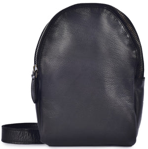 A black leather crossbody bag featuring a rounded, dome-shaped top, a wrap-around zippered main compartment, and a matching black leather shoulder strap.