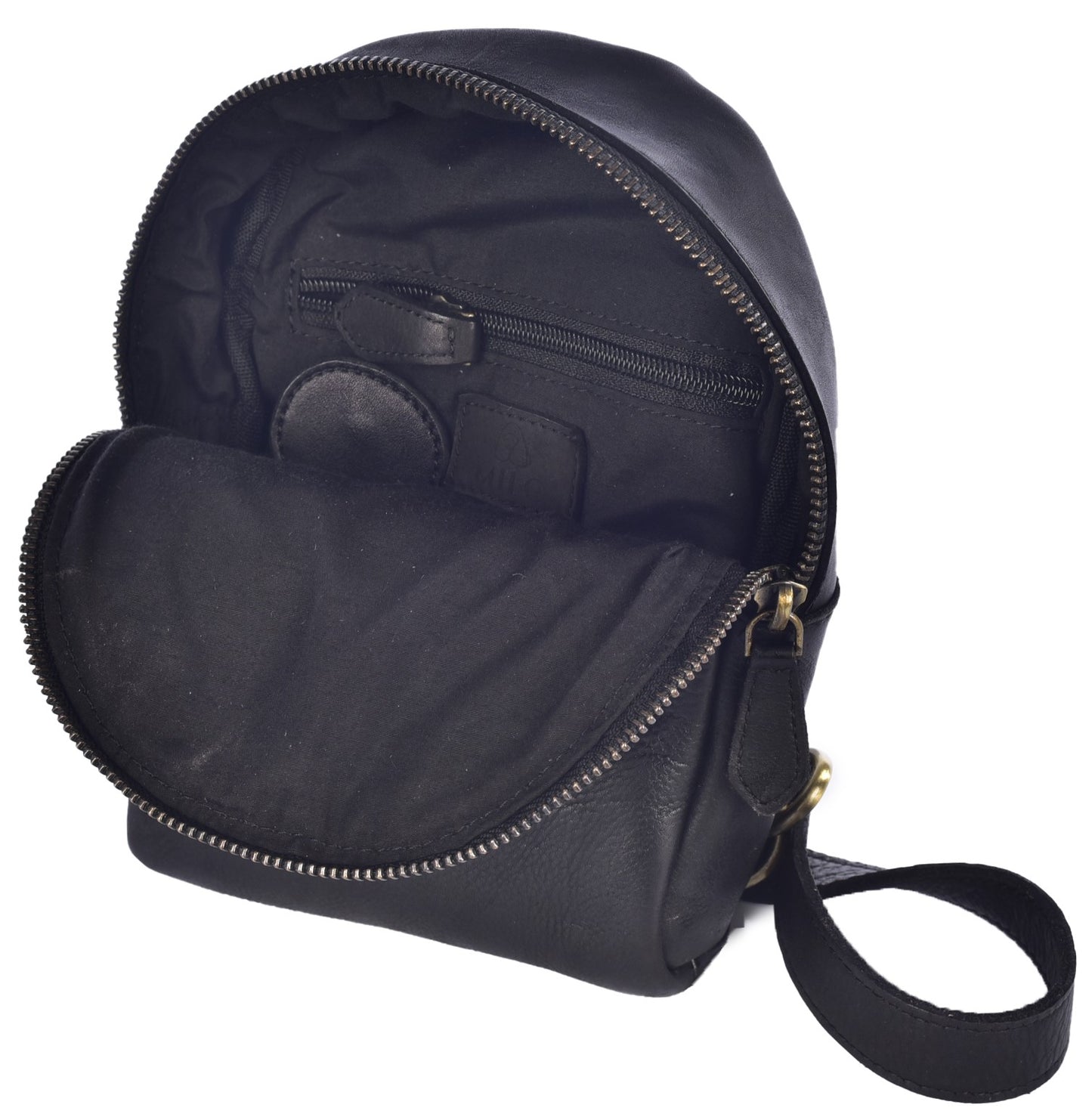 An open black leather mini backpack showing the interior lining, a zippered pocket on the back wall, and a black strap attached to the side.