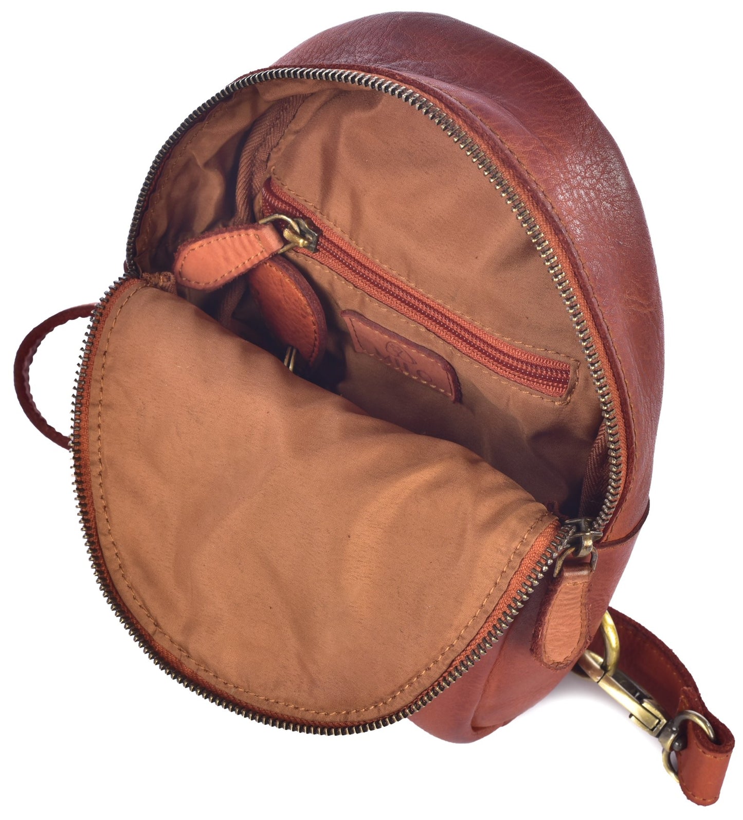 A brown leather backpack shown from an overhead perspective with its main zipper fully open, revealing the interior brown fabric lining and a small zippered pocket on the back wall.