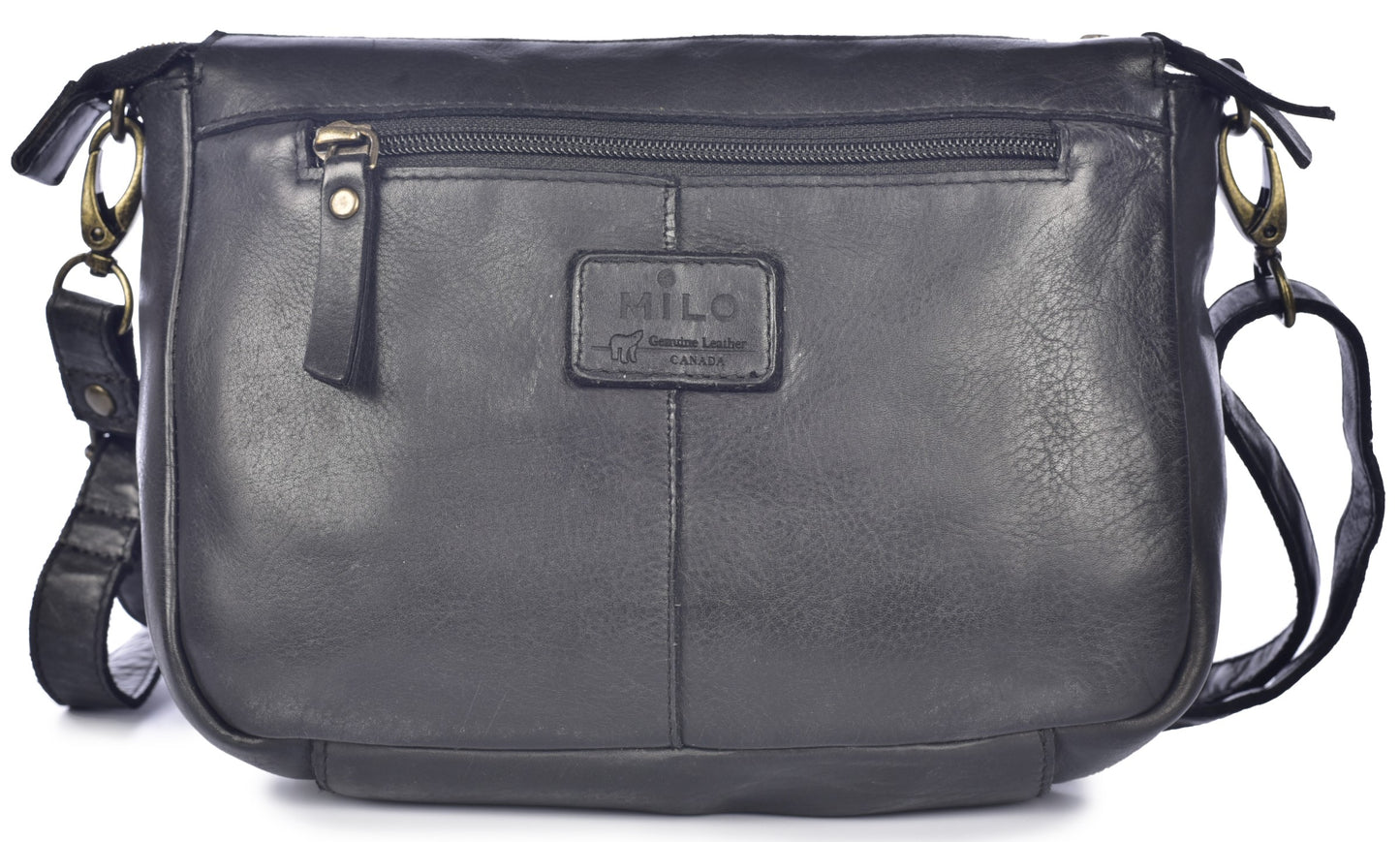 A black leather crossbody bag featuring a front zippered pocket with a leather pull tab, a rectangular brand patch centered on the front, and adjustable shoulder straps attached with brass-toned metal clasps.