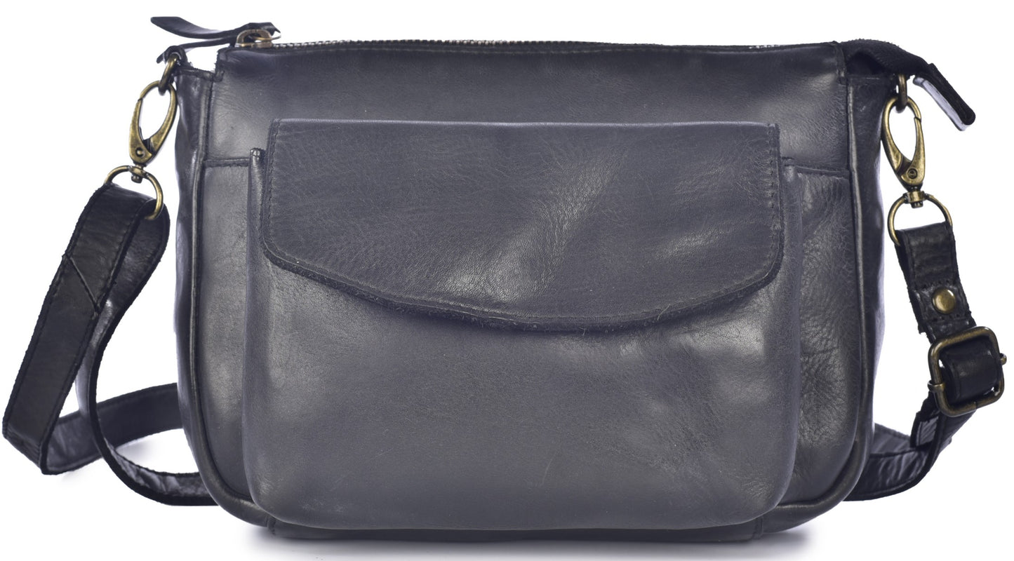 A dark charcoal gray leather crossbody bag featuring a front pocket with a flap closure, a main zippered compartment, and an adjustable shoulder strap attached with brass-toned hardware.