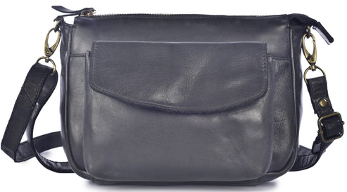 A dark charcoal gray leather crossbody bag featuring a front pocket with a flap closure, a main zippered compartment, and an adjustable shoulder strap attached with brass-toned hardware.