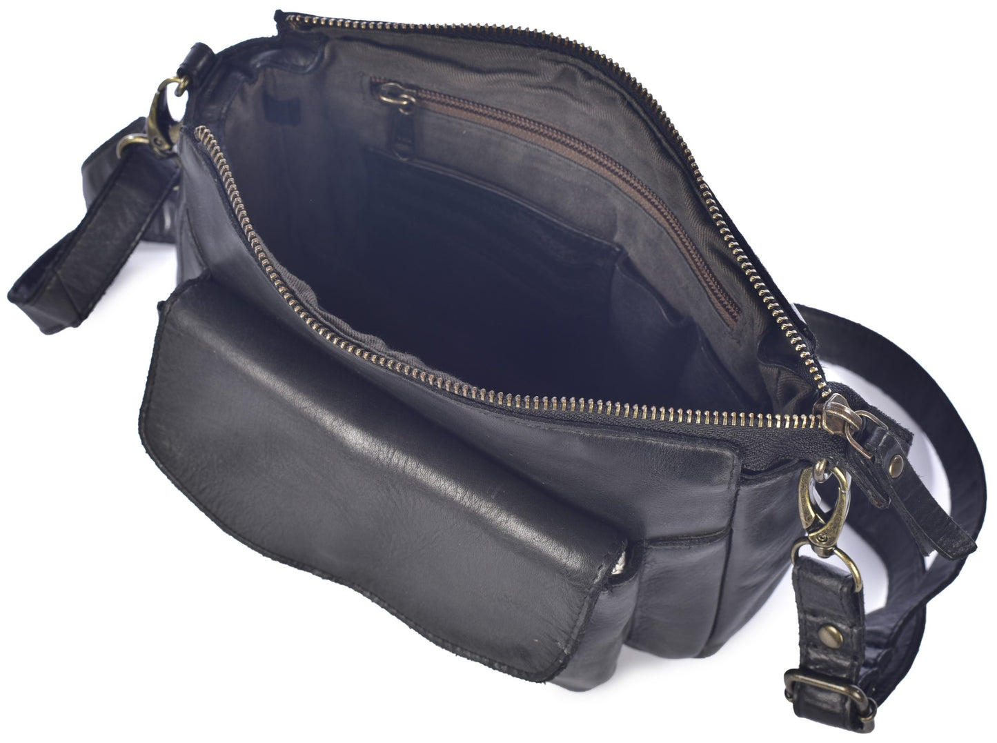 An open black leather crossbody bag viewed from above, featuring a main zippered compartment, a front flap pocket with a magnetic closure, and a detachable, adjustable shoulder strap with bronze-toned metal hardware.