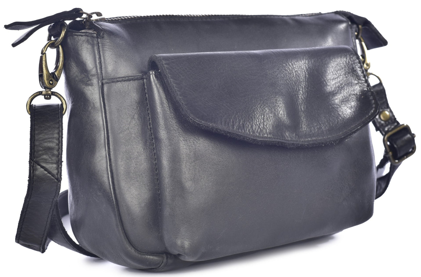 A black leather crossbody bag featuring a front flap pocket with a magnetic closure, a top zippered compartment, and an adjustable shoulder strap attached with brass-toned hardware.