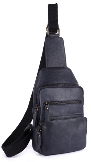 A dark navy blue leather sling bag with multiple zippered compartments and a wide black adjustable shoulder strap.