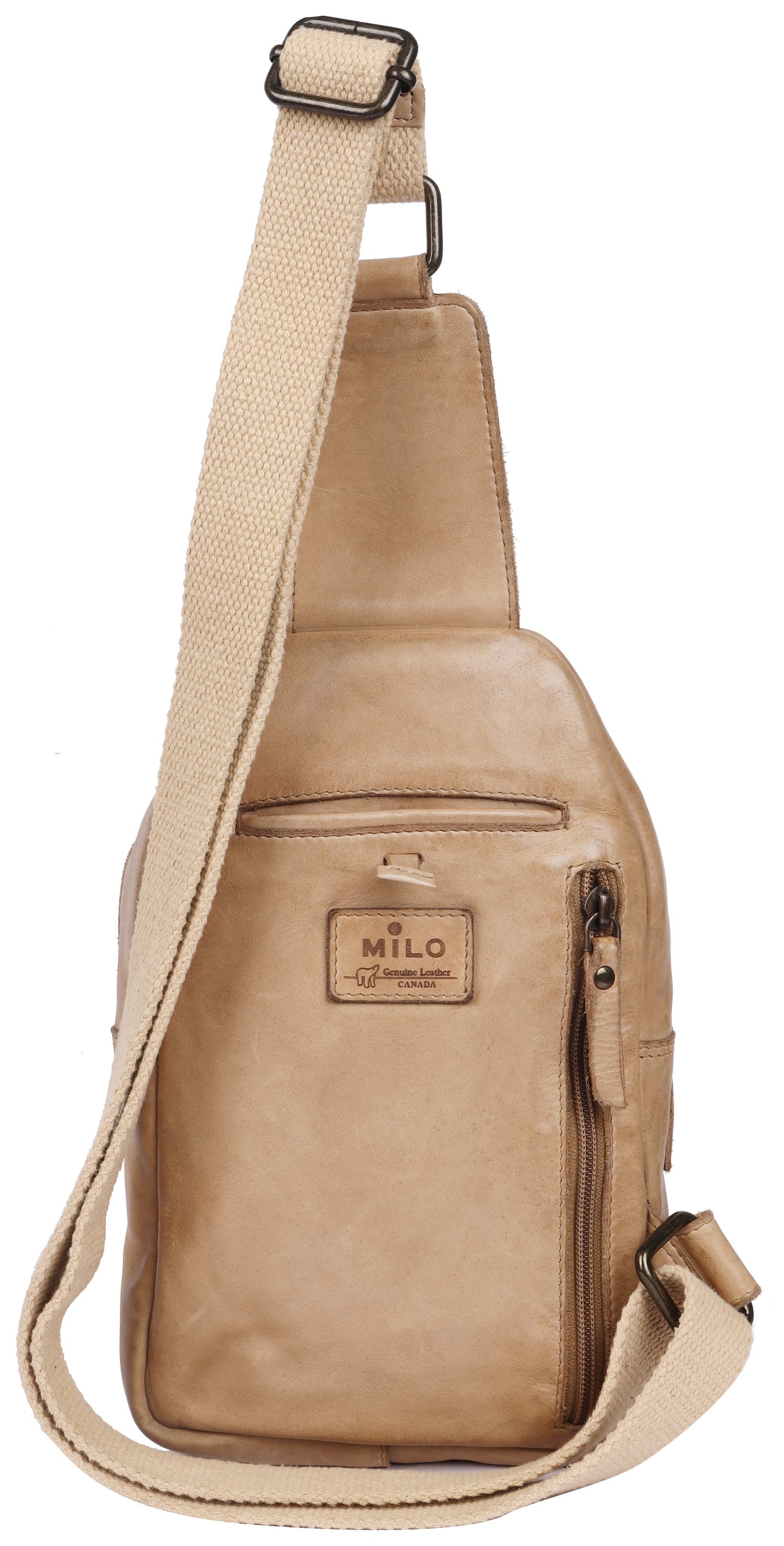 A light beige, rectangular leather crossbody sling bag with a long, adjustable canvas shoulder strap, a vertical zippered pocket on the front, and a small leather brand patch reading MILO.