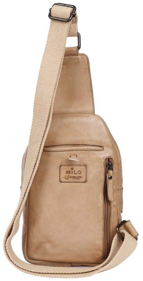 A light beige, rectangular leather crossbody sling bag with a long, adjustable canvas shoulder strap, a vertical zippered pocket on the front, and a small leather brand patch reading MILO.