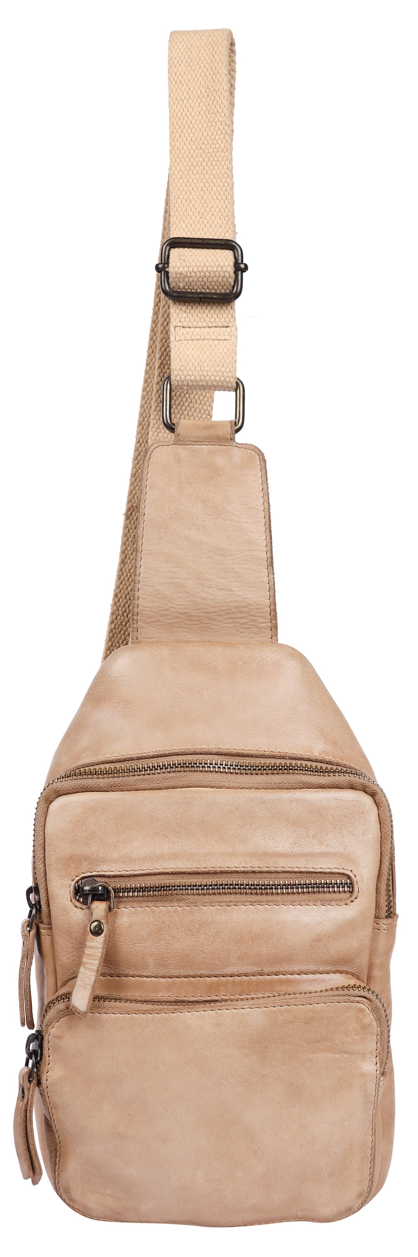 A light beige, top-grain leather sling bag featuring two zippered front pockets, a vertical main compartment with a zipper, and an adjustable shoulder strap with metal hardware.
