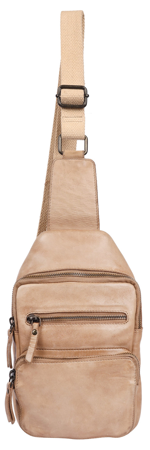 A light beige, top-grain leather sling bag featuring two zippered front pockets, a vertical main compartment with a zipper, and an adjustable shoulder strap with metal hardware.