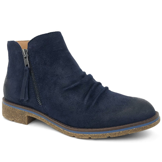 Navy blue ankle boot with side zipper and low heel.