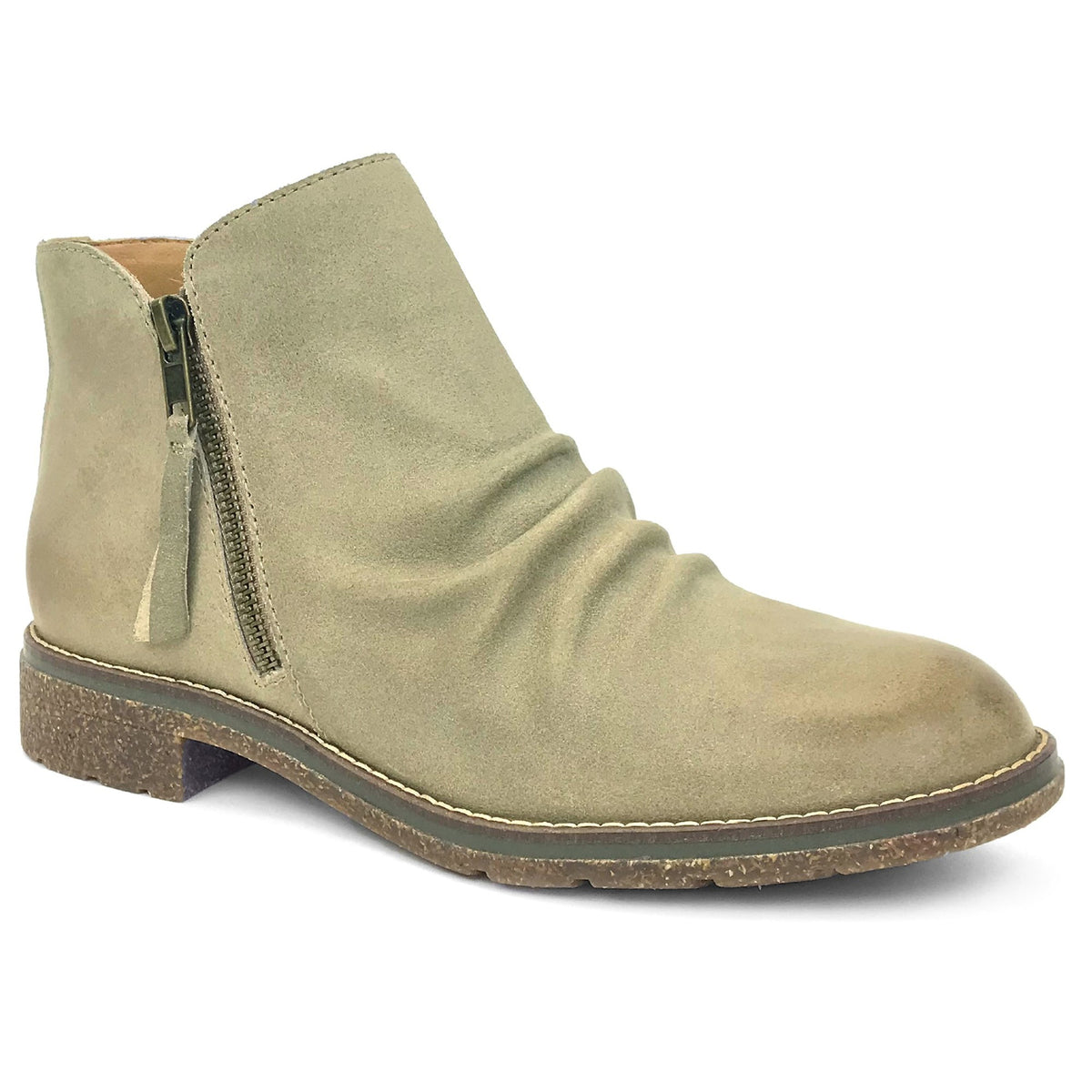 Olive green suede ankle boot with a side zipper and low heel.