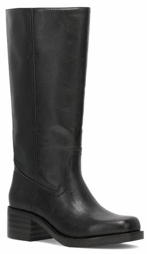 A black leather knee-high boot with a square toe, a moderate block heel, and vertical stitching details on the shaft.