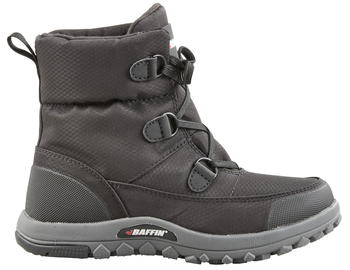 A black, mid-calf winter boot featuring a textured fabric upper, a padded collar, black laces with circular metal D-ring eyelets, a reinforced toe cap, and a grey rubber lugged sole with the word Baffin printed on the side.