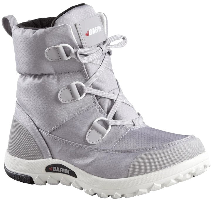 A light gray insulated winter boot with a white lugged sole, side lacing with D-ring eyelets, a pull tab at the heel, and a Baffin logo on the tongue and heel.