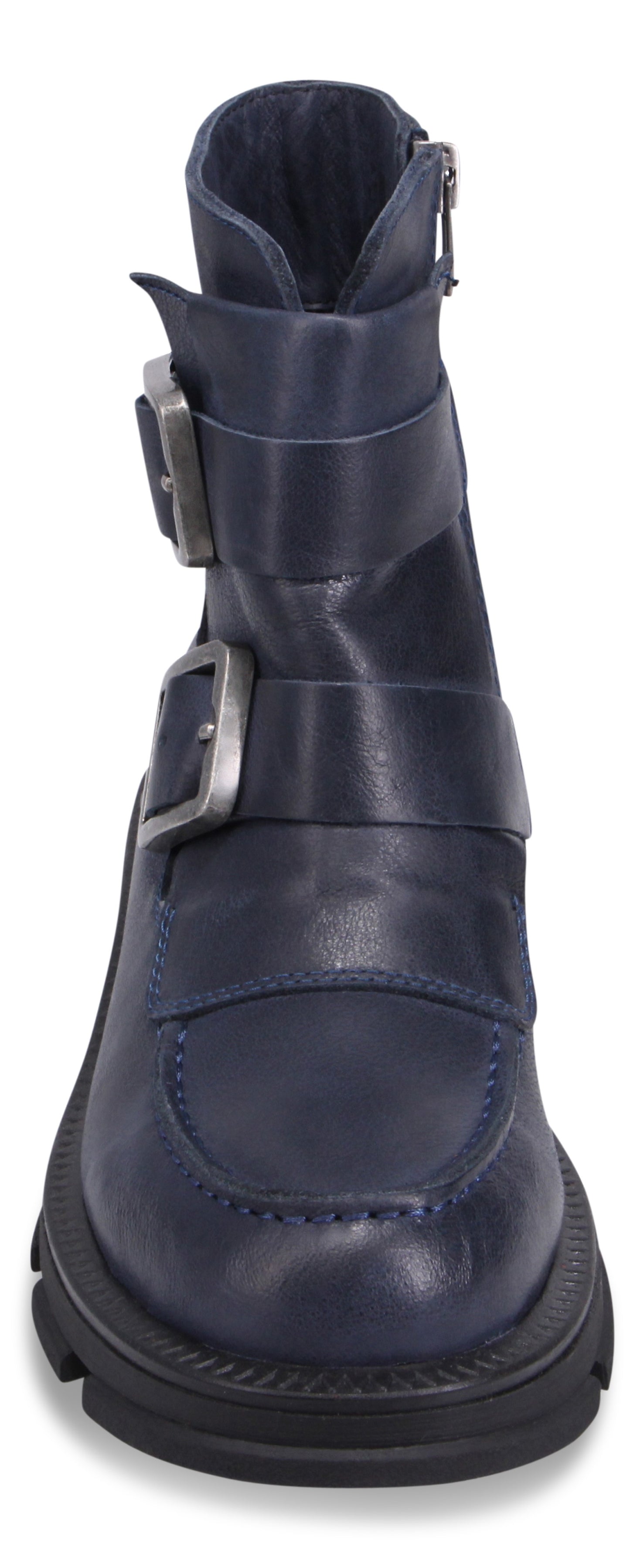 Navy blue leather ankle boot with two buckle straps.