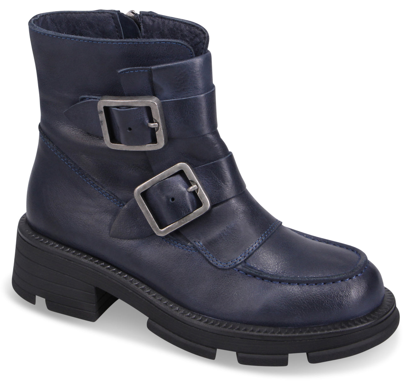 Navy blue, ankle-high leather boot with block heel and two decorative buckled straps.