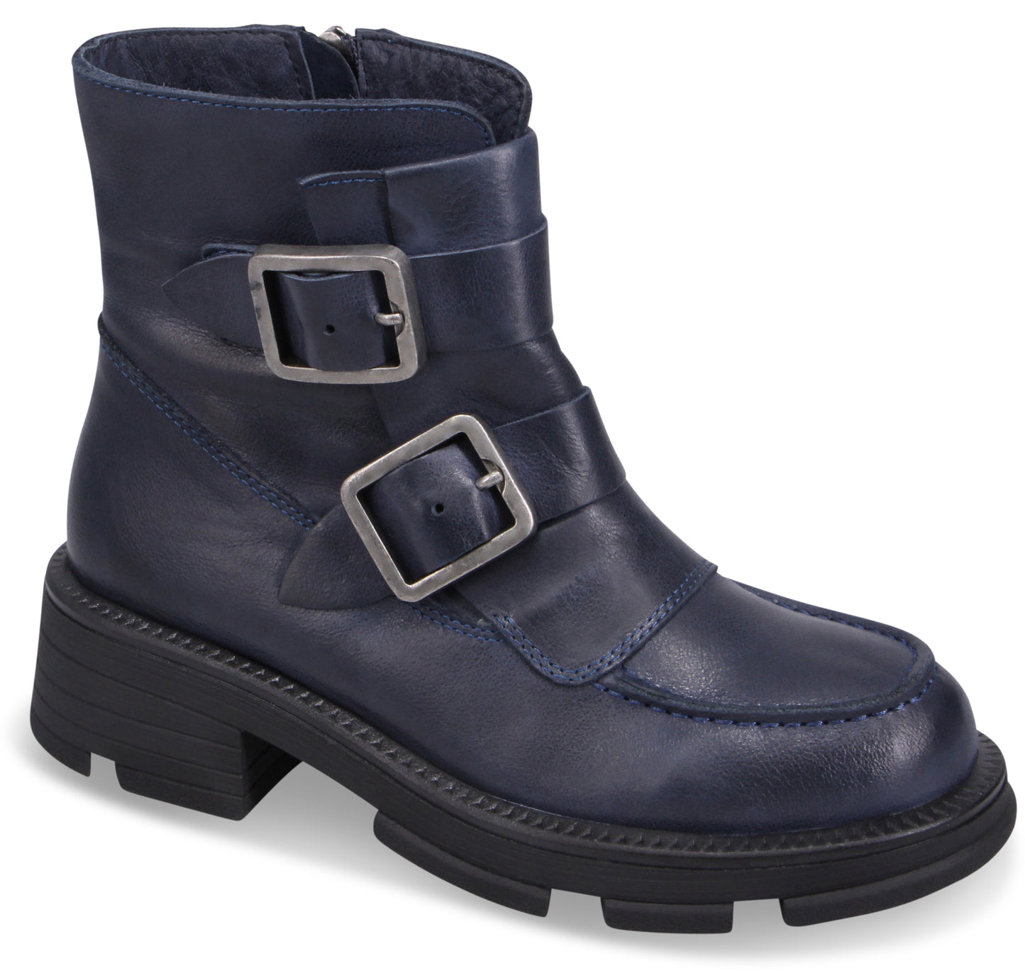 Navy blue, ankle-high leather boot with block heel and two decorative buckled straps.