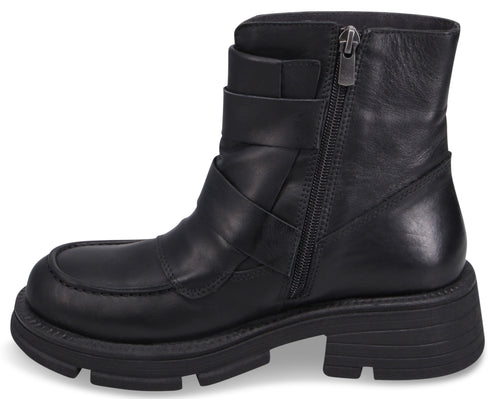 Black leather ankle boot with straps, zipper, and lug sole.